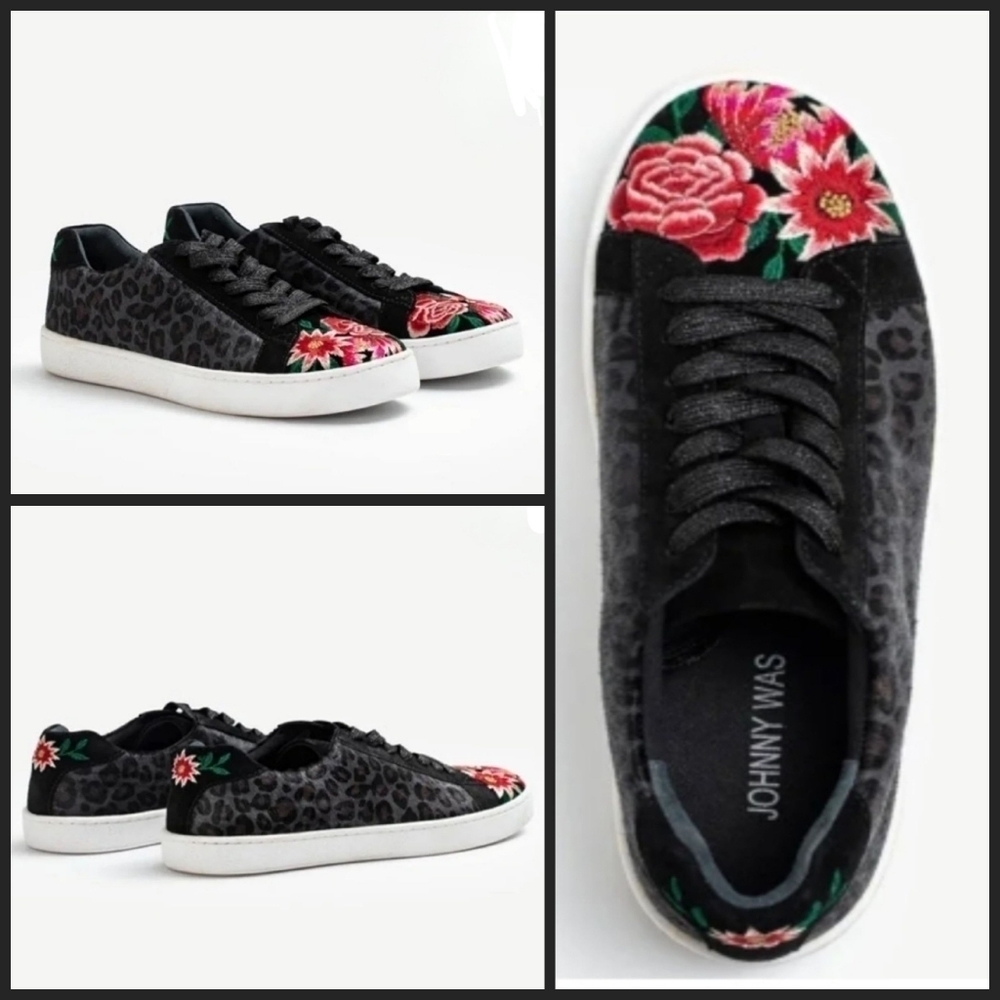 New Johnny Was Black Leopard Floral Sneakers